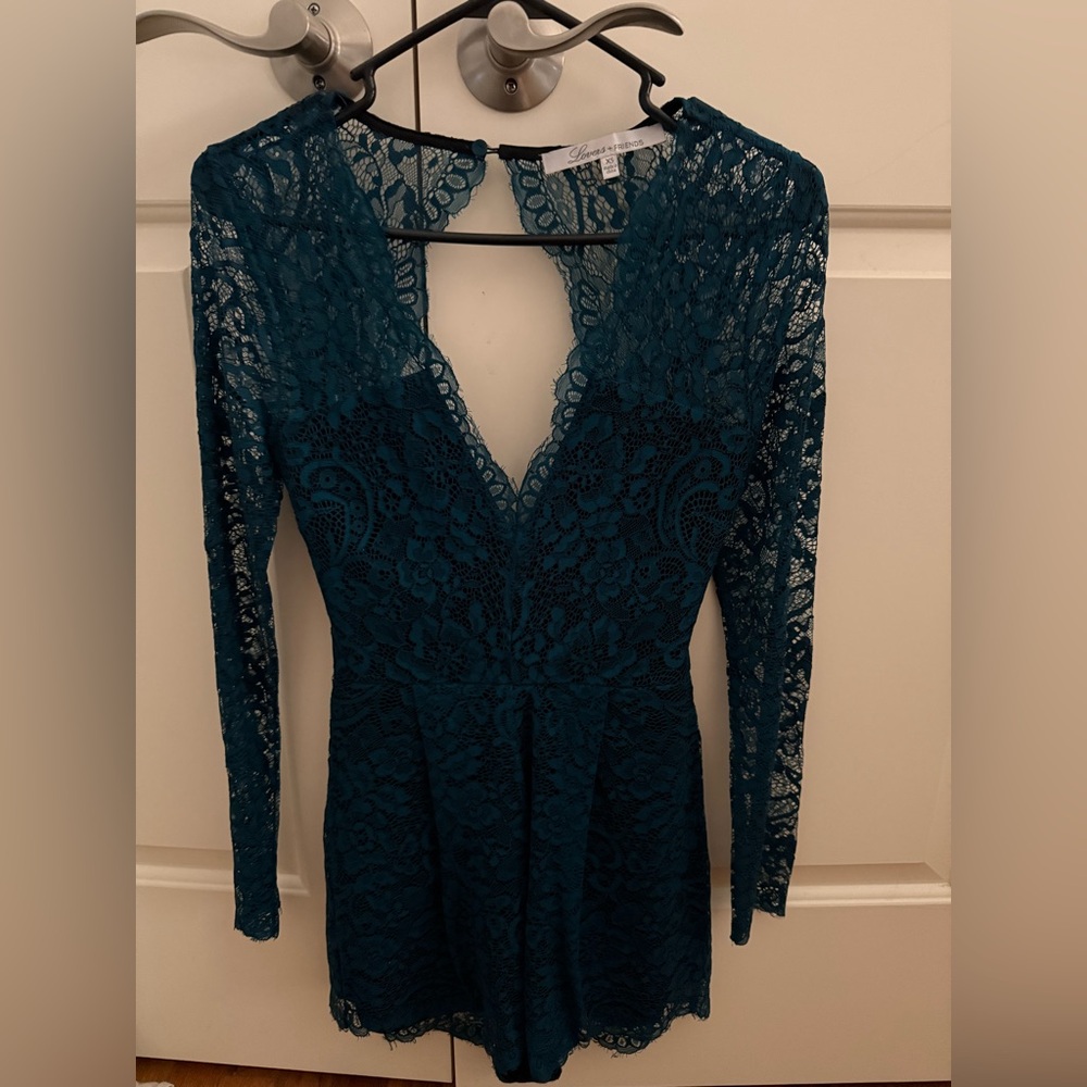 LOVERS + FRIENDS TEAL LACE ROMPER